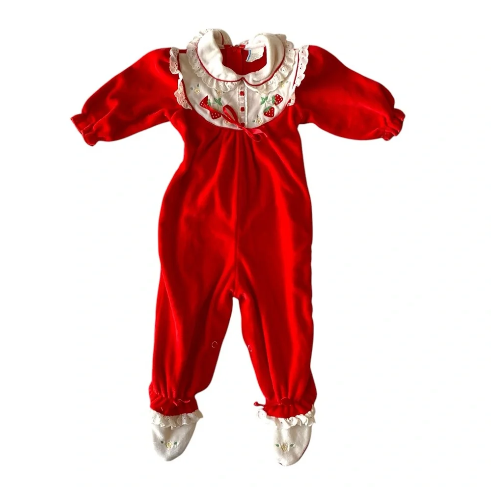 VINTAGE Jumper Romper Onesie Pajamas Pants Shirt Top Strawberries 80s Red White